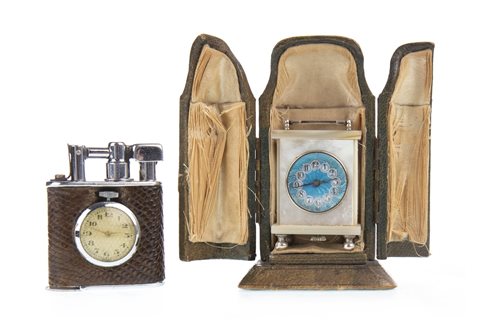 Lot 1437 - A MOTHER OF PEARL MINIATURE CARRIAGE CLOCK WITH A WATCH SET LIGHTER