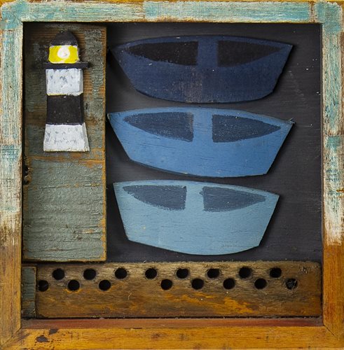 Lot 556 - THREE WEE BOATS, A MIXED MEDIA ASSEMBLAGE BY DOROTHY STIRLING