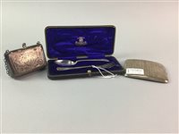 Lot 233 - A SILVER FORK AND SPOON SET, PURSE AND A CIGARETTE CASE