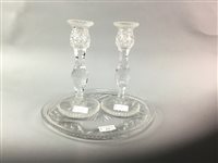 Lot 219 - A PAIR OF CRYSTAL CANDLESTICKS AND SIDE PLATE