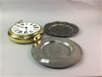 Lot 225 - A BRASS CLOCK MODELLED AS A POCKET WATCH AND TWO PEWTER WALL PLAQUES