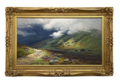 Lot 485 - SHEEP IN A GLEN ON A STORMY DAY, AN OIL BY GEORGE MELVIN RENNIE