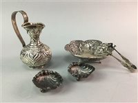 Lot 271 - A PAIR OF SILVER SALT DISHES, CREAM JUG, BONBON DISH AND A PAIR OF TONGS