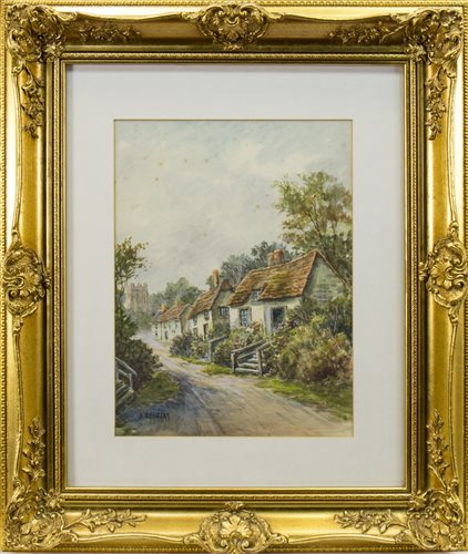 Lot 458 - THREE COTTAGES ON A COUNTRY LANE, A WATERCOLOUR BY JAMES DOUGLAS