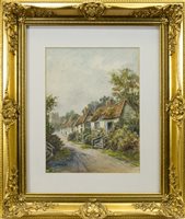 Lot 458 - THREE COTTAGES ON A COUNTRY LANE, A WATERCOLOUR BY JAMES DOUGLAS