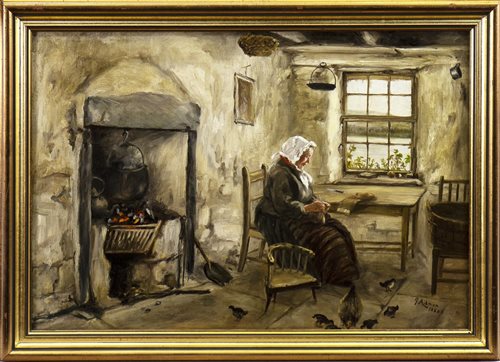 Lot 465 - COTTAGE INTERIOR WITH SEATED WOMAN KNITTING