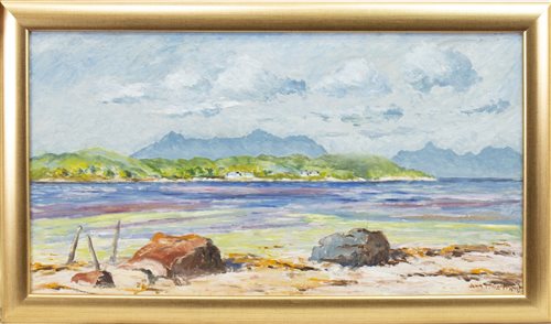 Lot 466 - SHORE SCENE, NORTH WEST HIGHLANDS, AN OIL ON BOARD BY JOHN MCKILLOP