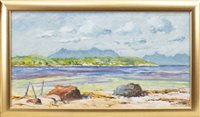 Lot 466 - SHORE SCENE, NORTH WEST HIGHLANDS, AN OIL ON BOARD BY JOHN MCKILLOP