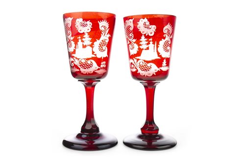 Lot 1226 - A PAIR OF MID-19TH CENTURY BAVARIAN RUBY GOBLETS