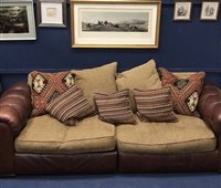 Lot 291 - A PAIR OF BROWN LEATHER AND FABRIC SOFAS