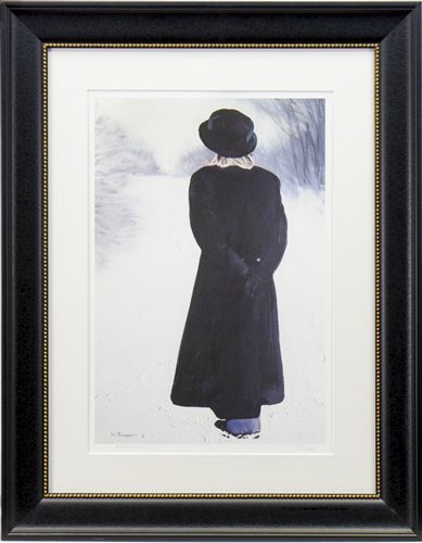 Lot 467 - BLACK COAT IN THE SNOW, A PRINT BY GERARD BURNS