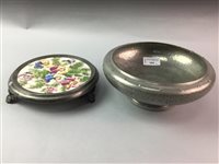 Lot 104 - A HAND BEATEN PEWTER BOWL AND SILVER PLATED ITEMS