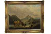 Lot 493 - RIVER SCENE WITH BOATS AND FIGURES ON THE BANK, AN OIL BY PATRICK NASMYTH