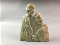 Lot 59 - INUIT HARDSTONE CARVING OF SILVER BEAR, TWO POTTERY PIECES AND STEMMED GLASSES