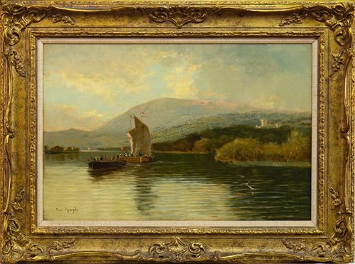 Lot 425 - BOATING ON THE RIVER DEE, BALMORAL, AN OIL BY SAM BOUGH