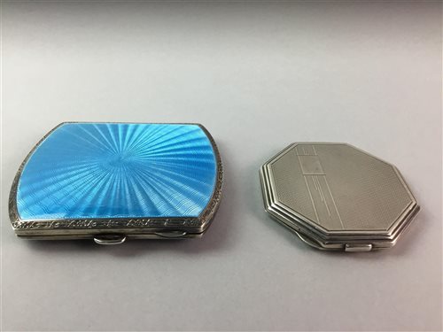 Lot 24 - A SILVER AND BLUE ENAMEL CIGARETTE CASE  AND A SILVER COMPACT