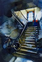 Lot 619 - BIKE ON THE BANNISTER,  A WATERCOLOUR BY BRYAN EVANS
