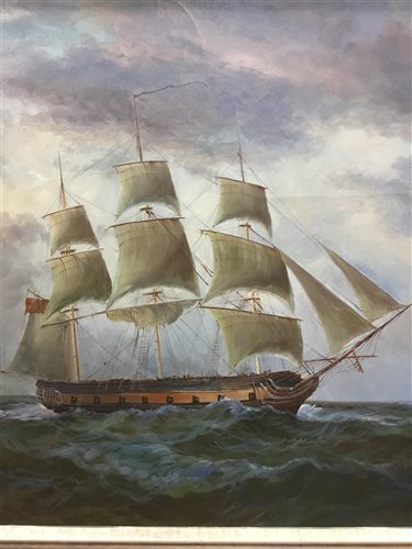 Lot 128 - AN OIL PAINTING OF A THREE MASTED MAN O' WAR