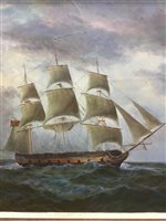 Lot 128 - AN OIL PAINTING OF A THREE MASTED MAN O' WAR