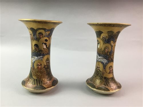 Lot 18 - A PAIR OF SATSUMA MINIATURE VASES AND A PAIR OF SATSUMA VASES AND A PAIR OF CIRCULAR DISHES