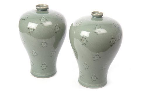 Lot 431 - A PAIR OF CHINESE CELADON STYLE VASES