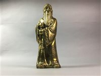 Lot 8 - A CHINESE BRASS FIGURE OF SHAO LAO, SEATED BUDDHAS AND A SCROLL HOLDER