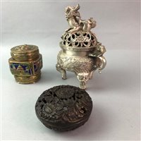 Lot 13 - A CHINESE CENSER, LIDDED DISH AND AN ENAMEL JAR