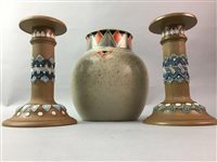 Lot 67 - A PAIR OF DOULTON LAMBETH SILICON WARE CANDLESTICKS, DOULTON POTS, VASES AND A JUG