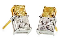 Lot 4 - A PAIR OF YELLOW AND WHITE DIAMOND EARRINGS
