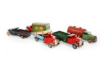 Lot 1703 - A TRI-ANG MINIC TIN PLATE CLOCKWORK CARTER PATERSON VAN AND FOUR OTHER MODEL VEHICLES