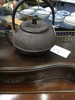 Lot 55 - A JAPANESE TEA POT, CHINESE BRUSH POT AND A SOAPSTONE BASE SECTION