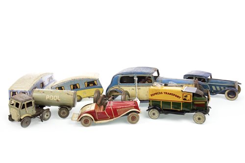 Lot 1736 - A LOT OF VINTAGE BRITISH TIN PLATE MODEL VEHICLES