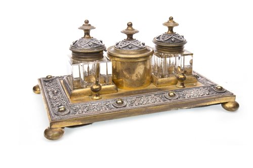 Lot 1742 - A VICTORIAN GILDED BRASS AND SILVERISED COPPER OBLONG INKSTAND