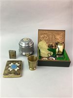 Lot 84 - A CHINESE WHITE METAL CYLINDRICAL LIDDED BOX AND OTHER ASIAN ITEMS
