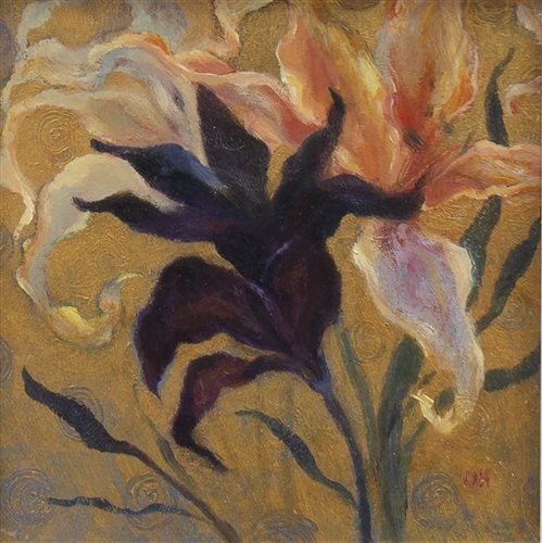 Lot 619 - LILLIES ON GOLD, A MIXED MEDIA BY LAURA HUNTER