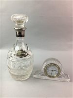 Lot 161 - A SILVER COLLARED CRYSTAL DECANTER AND A CRYSTAL CLOCK