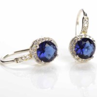 Lot 20 - CREATED SAPPHIRE EARRINGS each set with a...