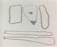 Lot 183 - A SMALL GROUP OF SILVER CHAINS AND A SILVER RING DEPICTING AN OWL