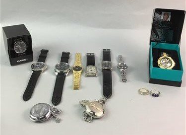 Lot 261 - A GROUP OF COSTUME JEWELLERY INCLUDING WATCHES AND PENS