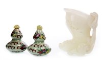 Lot 978 - A CHINESE HARDSTONE LIBATION CUP AND TWO SNUFF BOTTLES