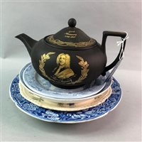 Lot 210 - A COLLECTION OF CERAMIC PLATES AND A BLACK WEDGWOOD TEAPOT