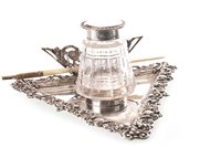 Lot 882 - A VICTORIAN SILVER LIDDED GLASS INKWELL WITH A MOTHER OF PEARL PEN HOLDER