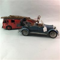 Lot 265 - A VINTAGE WOODEN MODEL OF A CAR AND OTHER VEHICLES