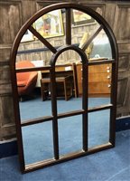 Lot 212 - A  MAHOGANY FRAMED MIRROR, EMBROIDERED FIRE SCREEN AND THREE PRINTS