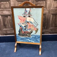 Lot 212 - A  MAHOGANY FRAMED MIRROR, EMBROIDERED FIRE SCREEN AND THREE PRINTS