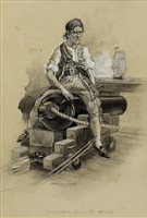 Lot 516 - SEATED ASTRIDE UPON ONE OF THE AFTEN GUNS, A GOUACHE BY WARWICK GOBLE