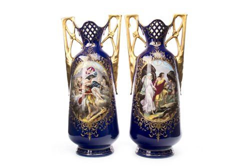 Lot 1252 - A PAIR OF LATE 19TH CENTURY AUSTRIAN PORCELAIN TWIN HANDLED VASES