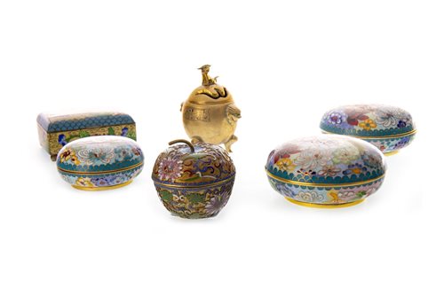 Lot 905 - A CHINESE BRONZE CENSER AND FIVE ENAMEL BOXES