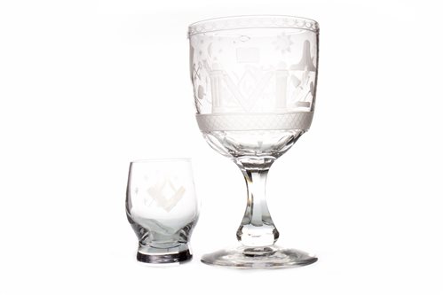 Lot 1260 - AN EARLY 19TH CENTURY WHEEL ENGRAVED RUMMER WITH A MASONIC SHOT GLASS