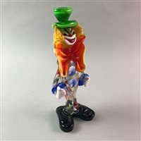 Lot 70 - A MURANO GLASS CLOWN AND THREE GLASS VASES